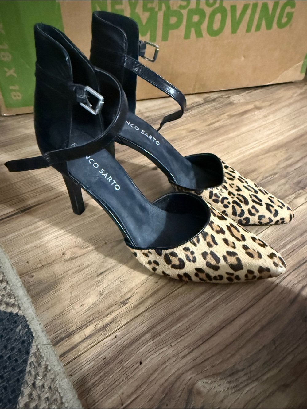 2pair Franco Sarto Leopard Pointed-Toe Ankle-Strap Heels - Black & leopard